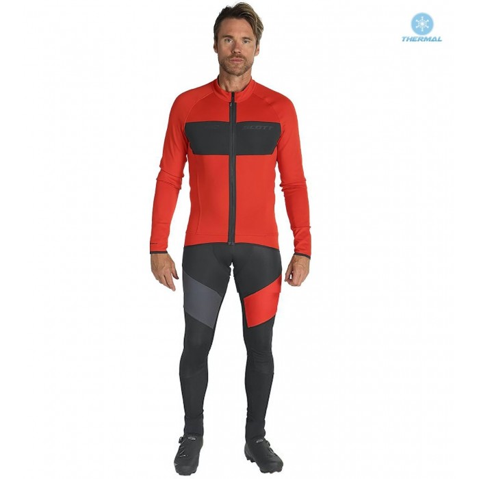 2019 Scott RC FF Rood Thermal Fietskleding Set Wielershirts Lange Mouw+Lange Wielrenbroek Bib 691ZRPY
