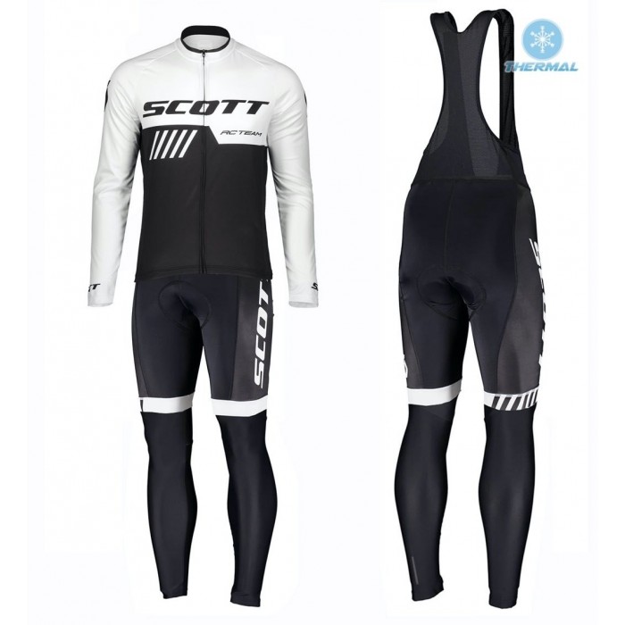 2019 Scott RC Team Zwart-Wit Thermal Fietskleding Set Wielershirts Lange Mouw+Lange Wielrenbroek Bib 412GGOZ